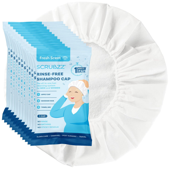 Scrubzz Shampoo Caps No Rinse for Elderly and Bedridden Patients, Rinse Free Shampoo Caps for Post Surgery and Hospital Stays, Waterless Hair Washing Shower Caps - 12 Pack