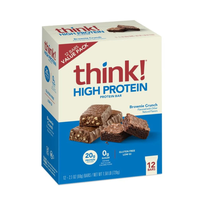 think! Protein Bars, High Protein Snacks, Gluten Free, Kosher Friendly, Brownie Crunch, Nutrition Bars, 2.1 Oz per Bar, 12 Count (Packaging May Vary)