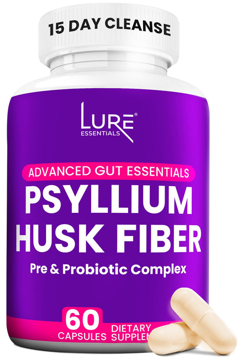 Lure Essentials Psyllium Husk Capsules for Colon Cleanse - Prebiotic and Probiotic Fiber