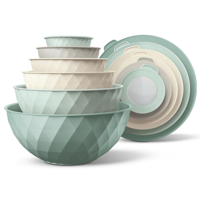 COOK WITH COLOR Mixing Bowls with Lids - 12 Piece Plastic Nesting Bowls Set includes 6 Prep Bowls and 6 Lids, Diamond Design - Microwave Safe (Mint)