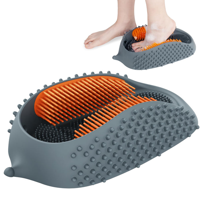 JIALEYA Lu-lala Shower Foot Scrubber - Portable Manual Foot Massager Cleaner Care for Soothe Feet Neuropathy Achy, Improve Foot Circulation - Wet and Dry use, Fits Plus Size Feet (Gray-Orange)