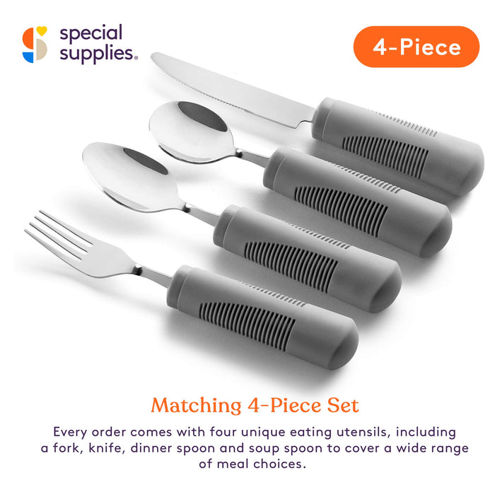 Special Supplies Adaptive Utensils (4-Piece Kitchen Set) Weighted, Non-Slip Handles for Hand Tremors, Arthritis, Parkinson’s Elderly use - Stainless Steel Knife, Fork, Spoons (Grey)