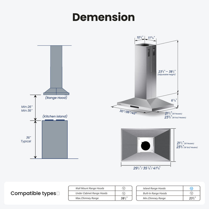 VIKIO HOME 30 Inch Island Range Hood, 390 CFM kitchen Hood with Dual-Sided Touch/Gesture Control, Convertible Ducted/Ductless, Ceiling Mount, 3 Stainless Steel Baffle Filters, 3-Speed Fan