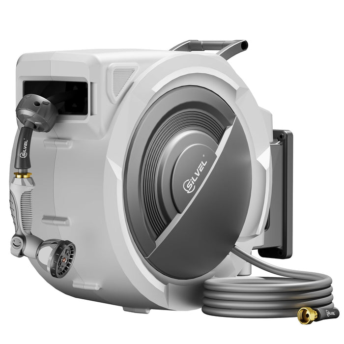 Retractable Garden Hose Reel, 5/8 in x 110FT Heavy Duty Auto Hose Reel Wall Mounted, Upgraded UV Resistant with 10 Pattern Nozzle, Any Length Lock & Slow Return System, 180°Swivel Bracket, Light Grey