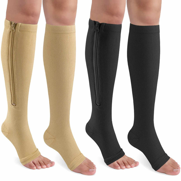 CASMON 2 Pairs Zipper Compression Socks for Women & Men, 15-20 mmHg Open Toe Knee High Support Socks for Varicose Vein Edema