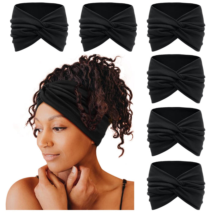 Tobeffect Wide Headbands for Women, 7'' Extra Large Black Turban Headband Twisted Knot Hairband Hair Accessories, 6 Pack