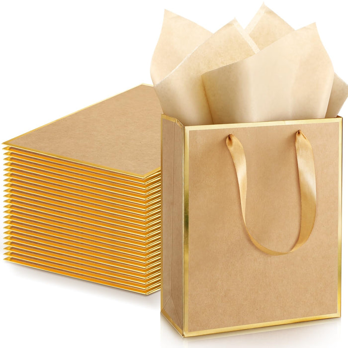 Yeaqee 24 Pack Metallic Paper Gift Bags with Handle and Tissue 9 x 7 x 3.1 Bridesmaid Welcome Gift Bag Thank You Bags for Party Favors for Women Men Fall Party Bridal Shower(Kraft, Gold)