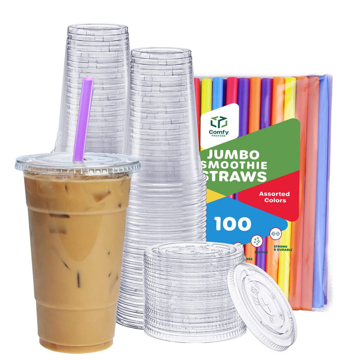 Comfy Package [24 oz. - 100 sets Clear Plastic Cups With Flat Lids & Straws - Disposable Clear Drinking Cups For Iced Coffee, Cold Drinks, Milkshakes, and Smoothies