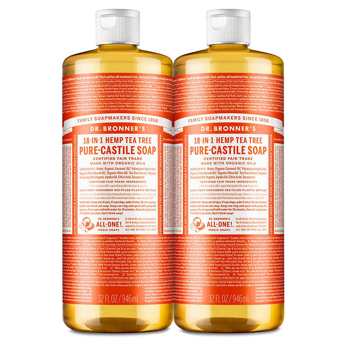 Dr. Bronner’s - Pure-Castile Liquid Soap (Tea Tree, 32 ounce, 2-Pack) - Made with Organic Oils, 18-in-1 Uses: Acne-Prone Skin, Dandruff, Laundry, Pets and Dishes, Concentrated, Vegan