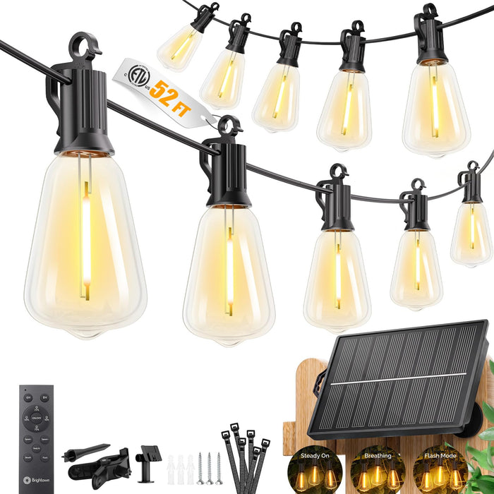Brightown 52FT Solar String Lights Outdoor Waterproof, Last 30+ Hrs Runtime