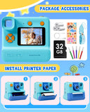 LETSHAHA Kids Camera Instant Print, Christmas Birthday Gifts for Toddle Girls Boys Age 3-12, 24MP & 1080P Selfie Digital Camera with 3 Roll No-Ink Print Paper 32G SD Card - Blue