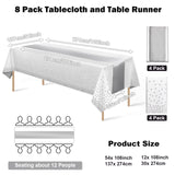 8Pack Disposable Plastic Tablecloths and Satin Table Runner Set White and Silver Dot Tablecloth Silver Satin Table Runner for Wedding Birthday Baby Shower Anniversary Christmas New Year Party Supplies