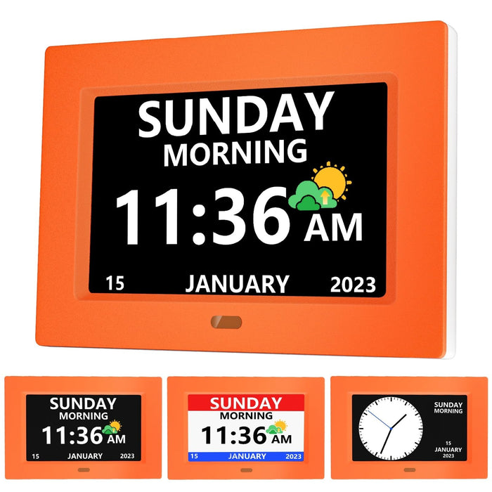 LXBYJKJ 7 Inch Digital Clock with Day and Date for Elderly Alzheimer's Dementia Clock Customizable Alarms 3 Display Modes Large Font Digital Alarm Clock for Seniors Orange