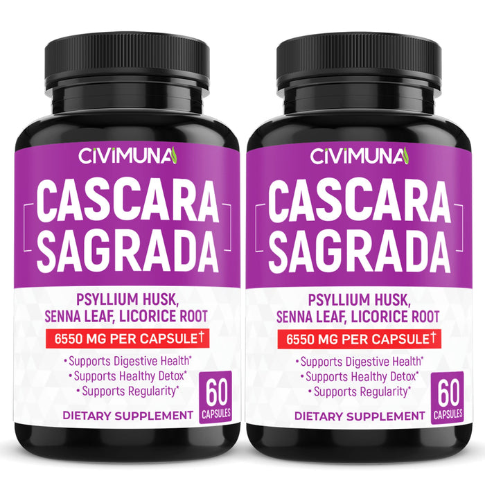 CIVIMUNA (2 Packs) Cascara Sagrada Bark Capsules 6550mg - Cascara Sagrada Bark, Senna Leaf, Psyllium Husk Powder - 4 Months Supply