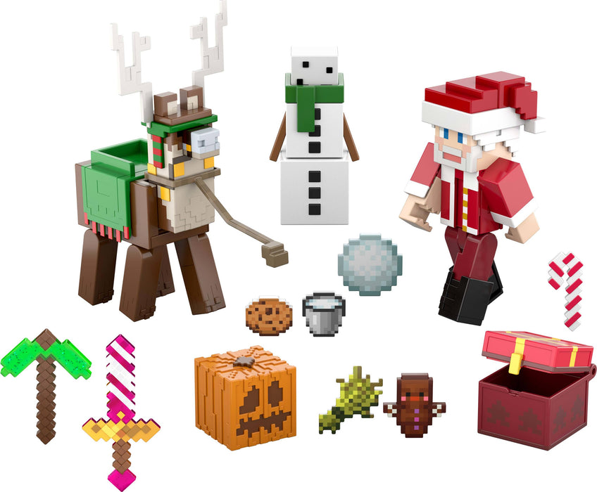 Mattel Minecraft Advent Calendar, 3.25-in Scale Action Figures including Santa, 17 Accessories & 4 Stickers, Pixelated Design