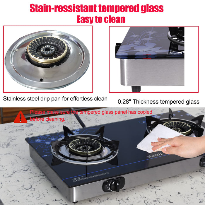 Hothit Portable 2 Burner Propane Stove Gas Cooktop, 28600 BTU Tempered Glass Auto Ignition for Outdoor Kitchen, Camping, RV, Small Apartment