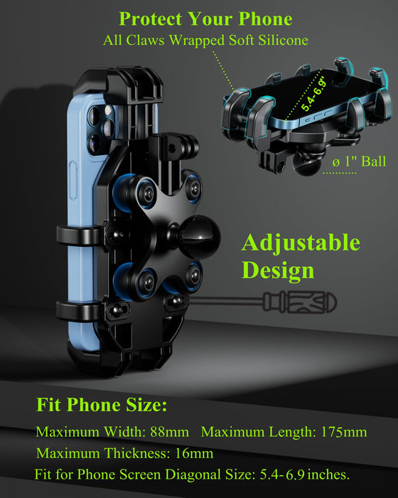 BRCOVAN Motorcycle Phone Mount Holder with Vibration Dampener, Anti-Shake Handlebar Cellphone Cradle for Bike Bicycle Scooter ATV, Adjustable Fit 5.4-6.9'' Smartphone