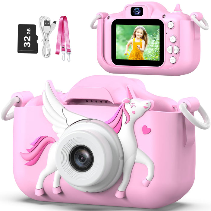 Goopow Kids Selfie Camera Toys for Girls Age 3-9, Digital Video Camera Toy with Protective Cover,Christmas Birthday Festival Gifts for 3-9 Year Old Girls Boys- 32GB SD Card Included (Pink-H15)