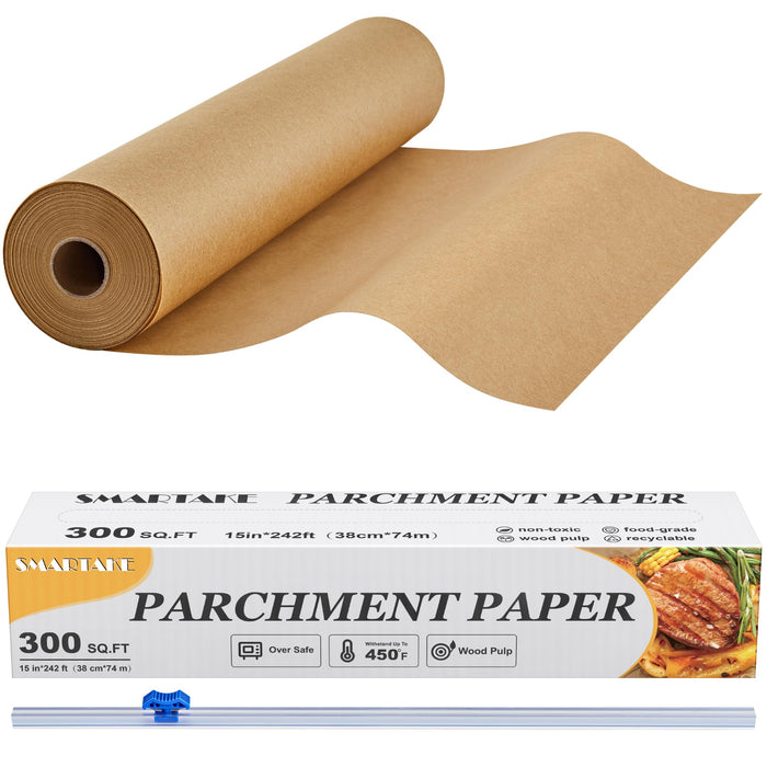 SMARTAKE Parchment Paper Roll for Baking, 15 in x 242 ft, 300 sq.ft, Non-Stick Baking Paper Sheets with Slide Cutter, Heavy Duty Extra Long, for Kitchen Baking Cooking Grilling Steaming, Unbleached