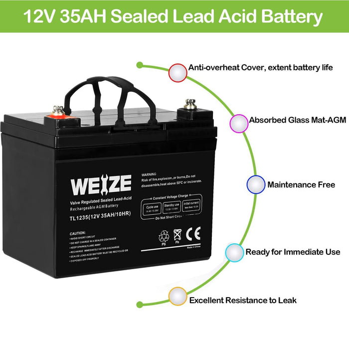 Weize 12V 35AH Battery Rechargeable SLA Deep Cycle AGM Replace 12 Volt 33AH 34AH 36AH 30AH, in Series 24V 36V 48V for Power Patrol SLA1156 Ritar RA12-33 Renogy PV Solar Panels Bat-Caddy X3R Golf Caddy