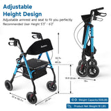 Ambliss Rollator Walker 8" Non-Pneumatic Wheels Rollator Walkers for Seniors with Seat Locking Brakes Adjustable Seat and Arms Blue Aluminum Foldable Medical Walker Removable Back Support 300 lbs