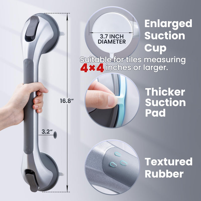 LEVERLOC Shower Grab Bars 2 Pack, Suction Grab Bars Easy to Install Shower Handle for Bathroom Removable Handrails for Seniors Elderly Heavy Duty Safety Shower Grip Waterproof Drill Free, Silver