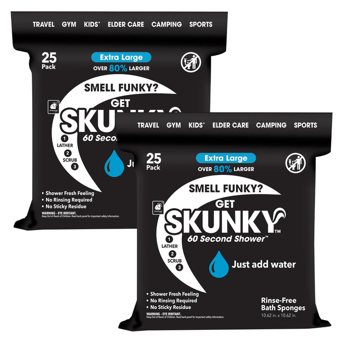 Skunky XL 82% Larger Disposable Rinse-Free Bathing Sponge Wipes, AS-SEEN-ON-TV, Cleans Without a Shower, Just Add Water, Lather, Scrub & Dry with No Sticky Residue, Gym, Elder Care, Kids & More,2 Pack