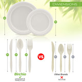 BIRCHIO 250 Piece Biodegradable Paper Plates Set (EXTRA LONG UTENSILS), Disposable Dinnerware Set, Eco Friendly Compostable Plates & Utensil include Plates, Forks, Knives and Spoons for Party