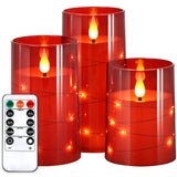 NURADA Flickering Flameless Candles: Built-in Star String Lights Battery Operated LED Pillar Candles with Remote and Timer Romantic Decorations for Wedding Party Christmas Halloween - Red 3 Pack