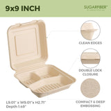 [200 COUNT]Sugarfiber by Harvest Pack 9 X 9" Compostable Clamshell Food Containers, 3 Compartment Clamshell Heavy-Duty Hinged Container, Disposable Bagasse Eco-Friendly Natural Takeout to go Box