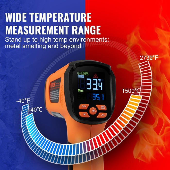 VEVOR Infrared Thermometer, -40°F~2732°F Dual Laser Temperature Gun Non-Contact, Handheld IR Heat Temperature Gun & Adjustable Emissivity for Metal Smelting/Cooking/Pizza Oven/Engine (Not for Human)