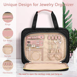 Wedama Toiletry Bag for Women, Hanging Travel Toiletry Bag with Jewelry Organizer Compartment Large Makeup Bag, PVC Waterproof Cosmetic Travel Bag Trips Camping Bathroom, Black+Pink