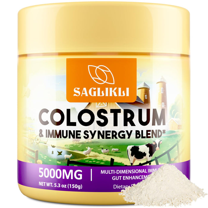 Colostrum Powder Supplement 5000 mg, Grass Fed Bovine Colostrum with Immune Synergy Blends - Prebiotics, Probiotics, Lactoferrin & PRP for Immune, Gut, Easy to Mix, 30 Servings