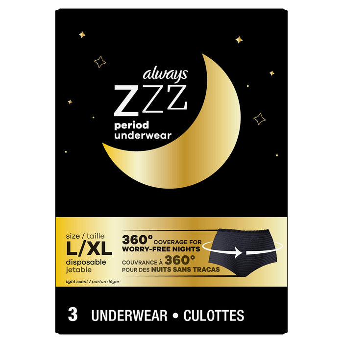 Always ZZZs Overnight Disposable Period Underwear for Women, Size L, Black Period Panties, Leakproof, 3 Count