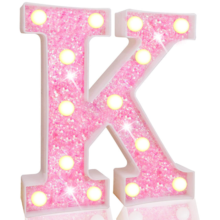 Pooqla LED Marquee Letter Lights, Light Up Pink Letters Glitter Alphabet Letter Sign Battery Powered for Night Light Birthday Party Wedding Girls Gifts Home Bar Christmas Decoration, Pink Letter K