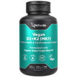 Naturalis Vegan Vitamin D3 + K2 with Extra Virgin Olive Oil | 5000iu Vitamin D with 120mcg MK7 Vitamin K | Better Support for Bone & Immune Health | Vegan Society Certified 180 Softgels