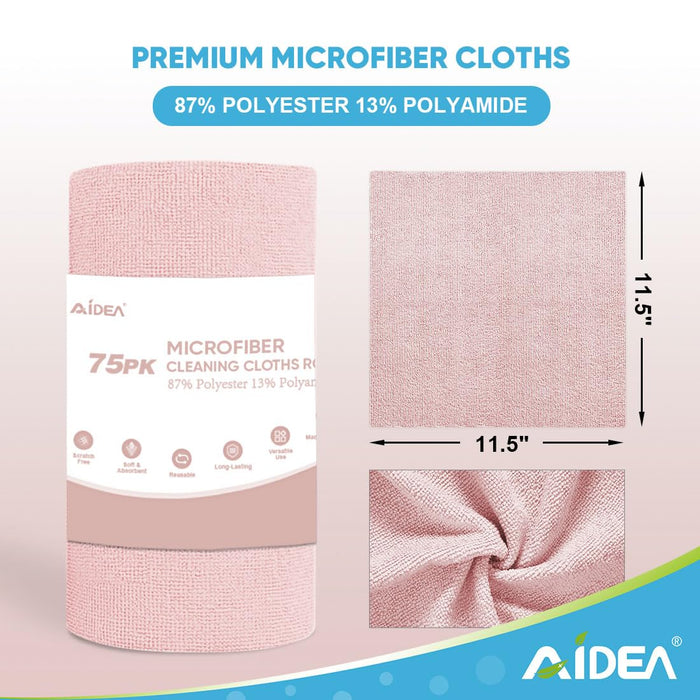 AIDEA Microfiber Cleaning Cloth Roll Pink-75PK, Microfiber Towels for Cars, Commercial Shop Rags, Tear Away Reusable Paper Towels, Lint-Free Cleaning Rags for House, Kitchen, Garage Shop-11.5"×11.5"