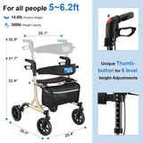 WALK MATE Rollator Walker for Seniors with Cup Holder, Upgraded Thumb Press Button for Height Adjustment, 4 x 8" Wheels Walker with Seat Padded Backrest Folding Lightweight Walking Aid, Gold