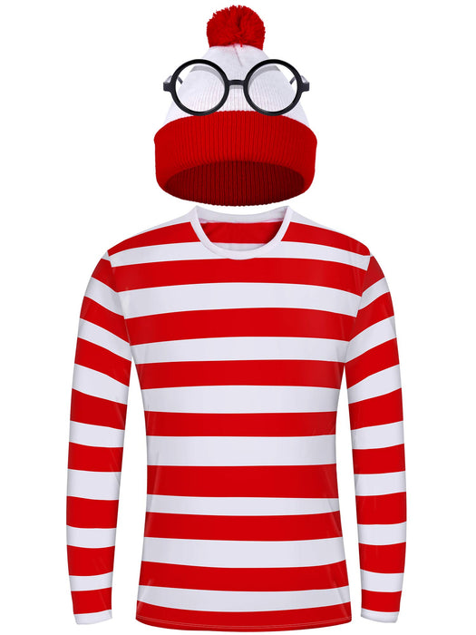 URATOT Adult Men Halloween Costume Sets Red and White Striped Tee Shirt Beanies with Nerd Glasses