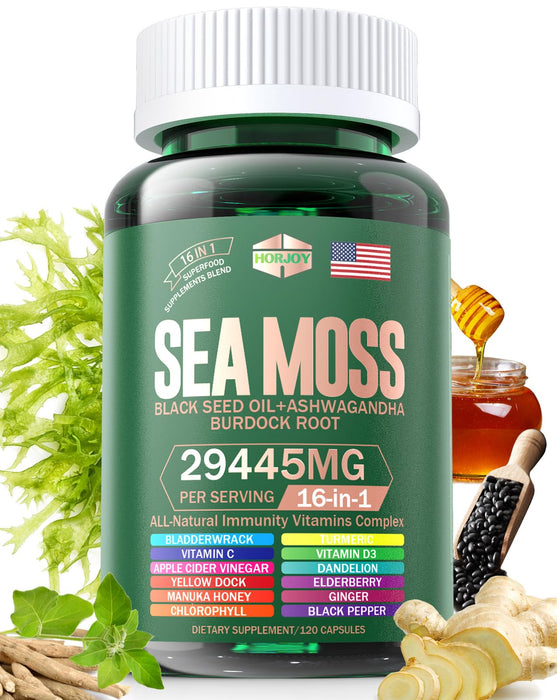 Sea Moss 12000mg Black Seed Oil 6000mg Ashwagandha 3000mg Turmeric 1000mg Bladderwrack 2000mg Burdock 3000mg & Vitamin C & D3 with Elderberry Manuka Yellow Dock Iodine Chlorophyll ACV,60 Days Supply