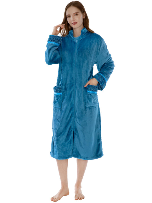 PAVILIA Womens Housecoat Zip Robe, Fleece Zip Up Front Robe Bathrobe, Plush Warm Zipper House Coat Lounger for Women Ladies Elderly with Satin Trim, Pockets, Long Plus Size - Teal Sea Blue (2x/3x)