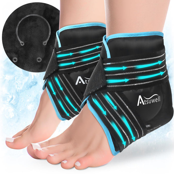 Atsuwell Ankle Ice Pack Wrap 2 Packs, Reusable Gel Ice Pack for Foot Ankle Heel, Cold Compress Therapy for Pain Relief, Injuries, Achilles Tendonitis, Swelling, Sprained Ankles and Heels
