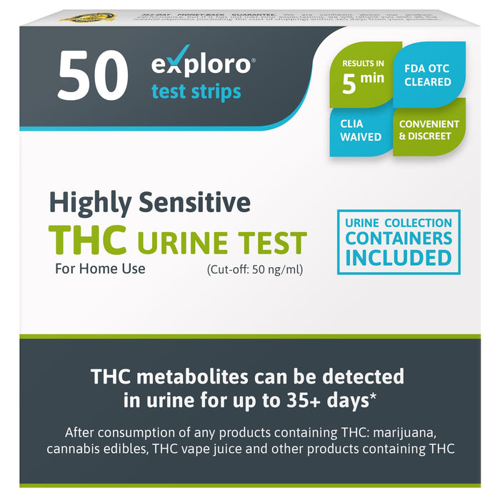 Exploro Highly Sensitive at Home Marijuana Drug Test Kit, THC Drug Test Kit Marijuana/Weed, THC Drug Test Urine, Easy Home Drug Test Marijuana/THC Substance Abuse, 50 THC Test Strips + Cups, 50 ng/ml