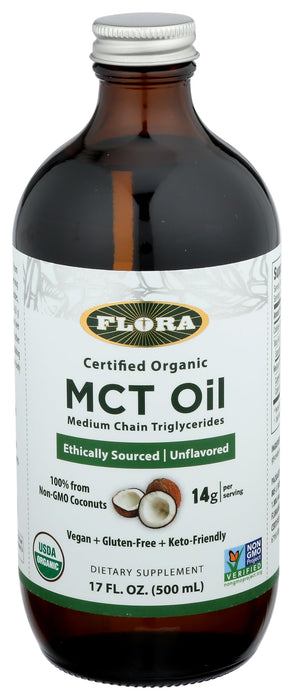 Flora Health MCT Oil Organic Energy Boost, C8 Caprylic & C10 Capric Acids, Keto, Kosher, Non-GMO Verified, 100% From Ethically and Sustainably Sourced Coconuts, 17 Fl Oz Liquid, Glass Bottle