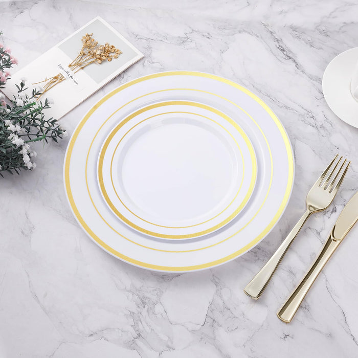 BESTVIP 50PCS Gold Plastic Plate, Disposable Party Plates with 25 Dinner Plates and 25 Dessert Plates, Plastic Plates for Party, Wedding and Birthday