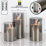 GenSwin LED Flameless Flickering Battery Operated Candles with 10-Key Remote Control, Real Wax Moving Wick Pillar Glass Candles for Festival Wedding Christmas Home Party Decor(Pack of 3, Gray)