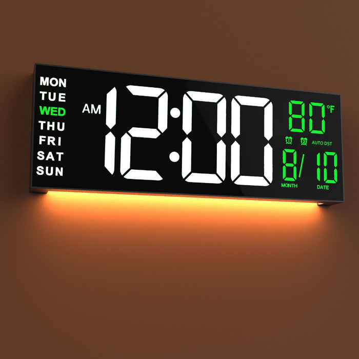 JALL 16" Large Digital Wall Clock Timer, Remote Controll, 2 Alarms, LED Display, 8 RGB Color, Auto DST, Temperature for Living Room, Bedroom, Desk, Mounted, Gift for Elderly (White Green, 16 inches)