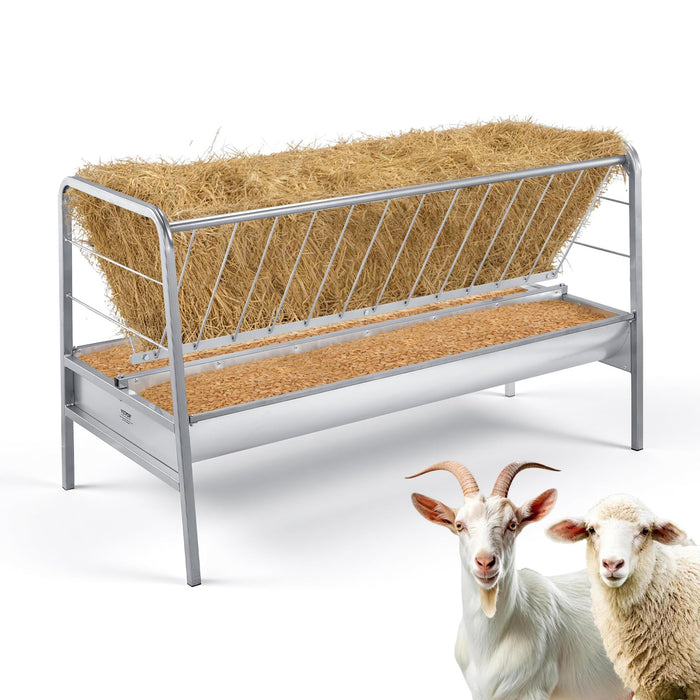 VEVOR Livestock Hay Feeder, 2 in 1 Grain & Hay Feeder, 80-Gallon Capacity, 57.9" Long Goat Pasture Feeding with Deeper Feeding Pan, Heavy Duty Steel Grain Holder for Sheep Sheds, Farms, Horse Barns