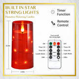 NURADA Flickering Flameless Candles: Built-in Star String Lights Battery Operated LED Pillar Candles with Remote and Timer Romantic Decorations for Wedding Party Christmas Halloween - Red 2 Pack