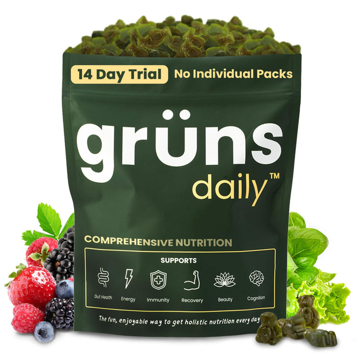 Gruns Daily Gummies, Super Greens Gummies - Organic Spirulina and Chlorella, Prebiotics for Digestive & Gut Health - Greens Superfood, Multi-Vitamins & Minerals - 112 Gummy Bear